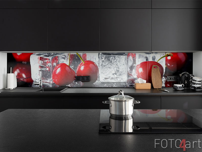 Küchenrückwand glas motiv - Frische Kirschen mit Eiswürfeln